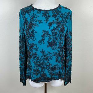 Madison Gray Blouse 8 Beaded Silk Teal Black Long Sheer Sleeve‎ Top